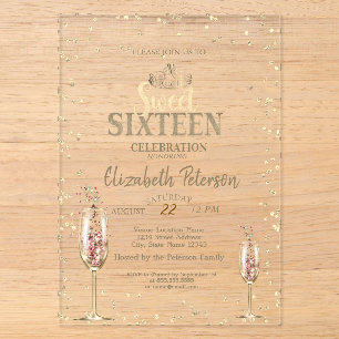 Goldene Tiara, Diamanten Champagner Glas Sweet 16 Acryleinladungen