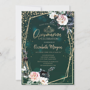 Goldene Tiara, Diamanten Chic Blumen Quinceañera Einladung