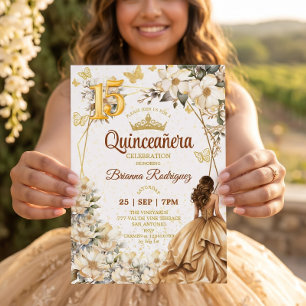 Goldene Tiara Florale Beige Quinceañera  Einladung