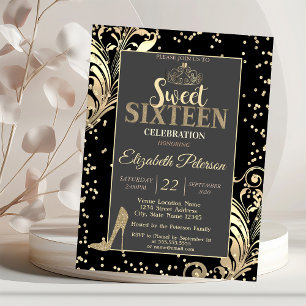 Goldene Tiara Glitter Absätze Diamanten Sweet 16 P Einladung