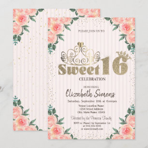 Goldene Tiara Konfetti Rosen, Gestreifte Sweet 16 Einladung