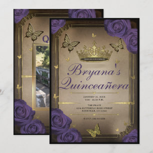 Goldene Tiara Schmetterlinge Lila Rosen Quinceañer Einladung
