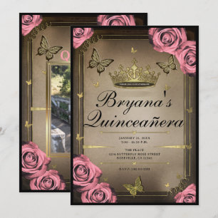 Goldene Tiara Schmetterlinge Rosa Rosen Quinceañer Einladung
