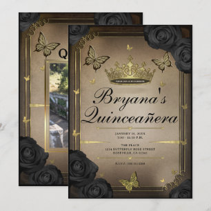 Goldene Tiara Schmetterlinge Schwarze Rosen Quince Einladung