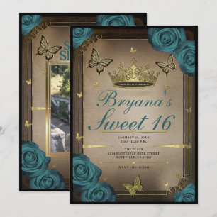 Goldene Tiara Schmetterlinge Teal Rosen Sweet 16 Einladung