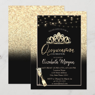 Goldene Tiara,Weinglas Glitter Quinceañera Einladung