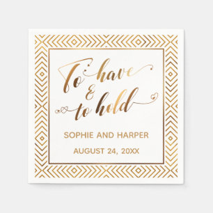 Goldene To Have & To Hold-Herzen Diamanten auf Wei Serviette