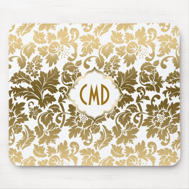 Goldene Töne florale Damaskus über weißem Hintergr Mousepad (Vorne)