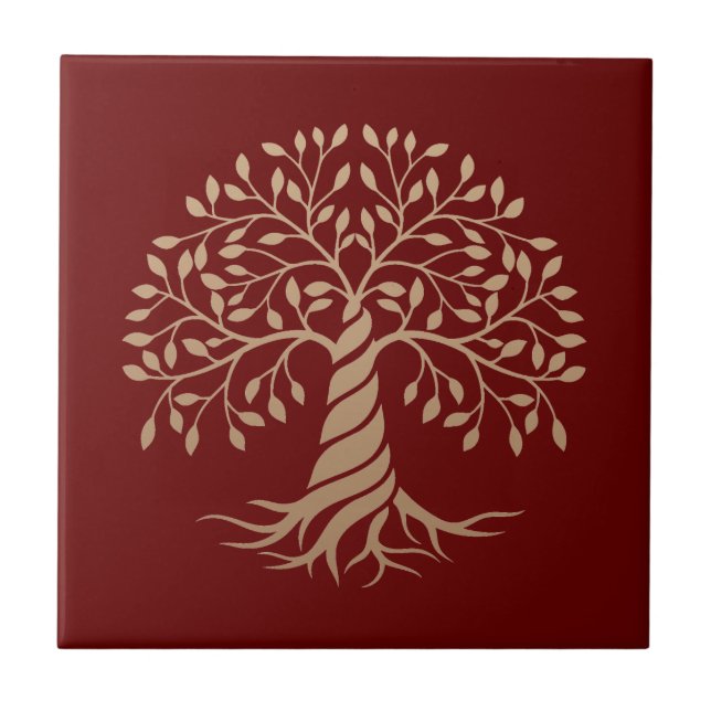 Goldene Tree of Life Roter Hintergrund Grafische K Fliese (Vorderseite)