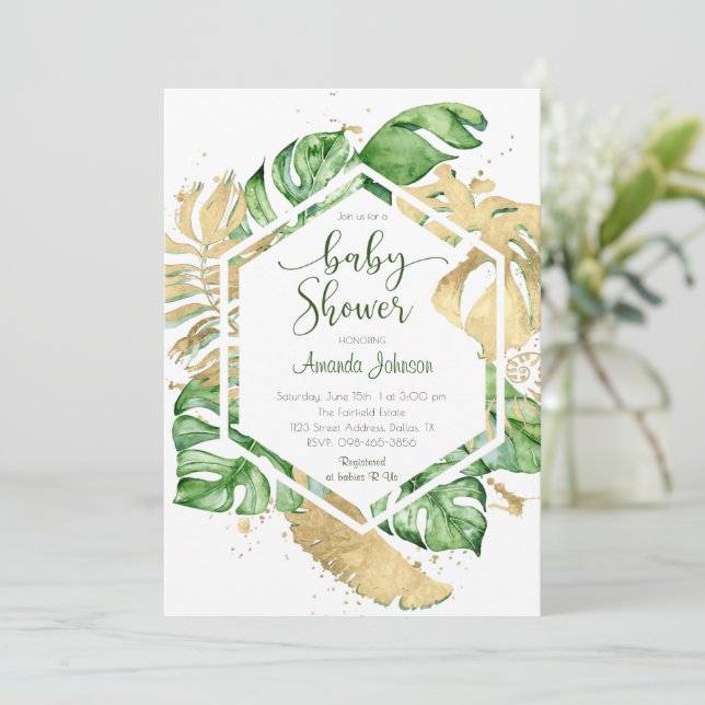 Goldene Tropical Baby Dusche Einladung (Stehend Vorderseite)