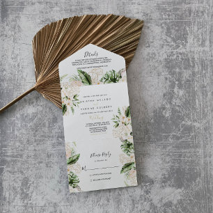 Goldene tropische Blattblumen Hochzeit All In One Einladung