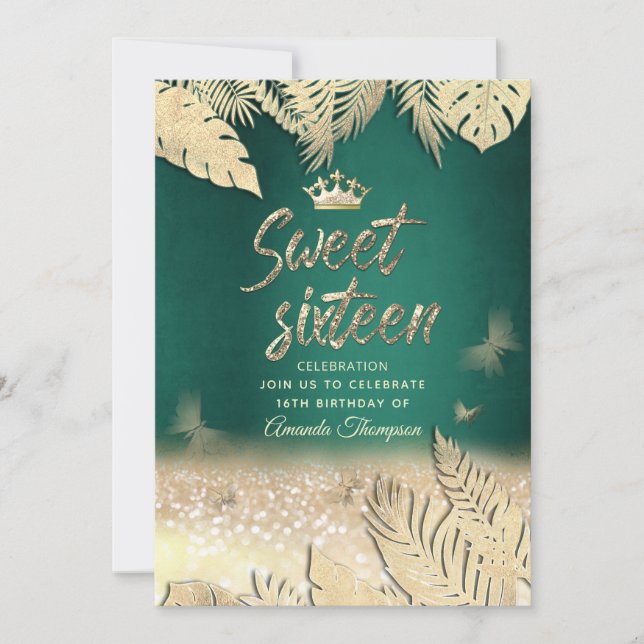 Goldene tropische Blätter Glitzer Schmetterling Ti Einladung (Vorderseite)