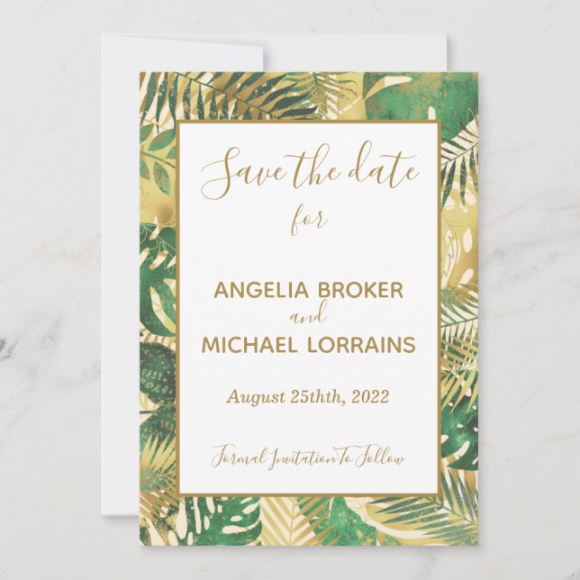 Goldene tropische Blätter Save the Date Hochzeit Einladung (Vorderseite)