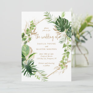 Goldene tropische Vegetation Elegante Hochzeit Einladung