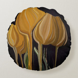 Goldene Tulpe Trio auf Schwarz Rundes Kissen