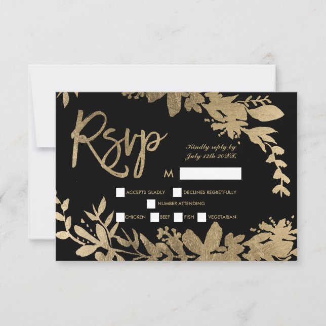 Goldene Typografie Blatt Blütenschwarze uAwg Hochz RSVP Karte (Vorderseite)
