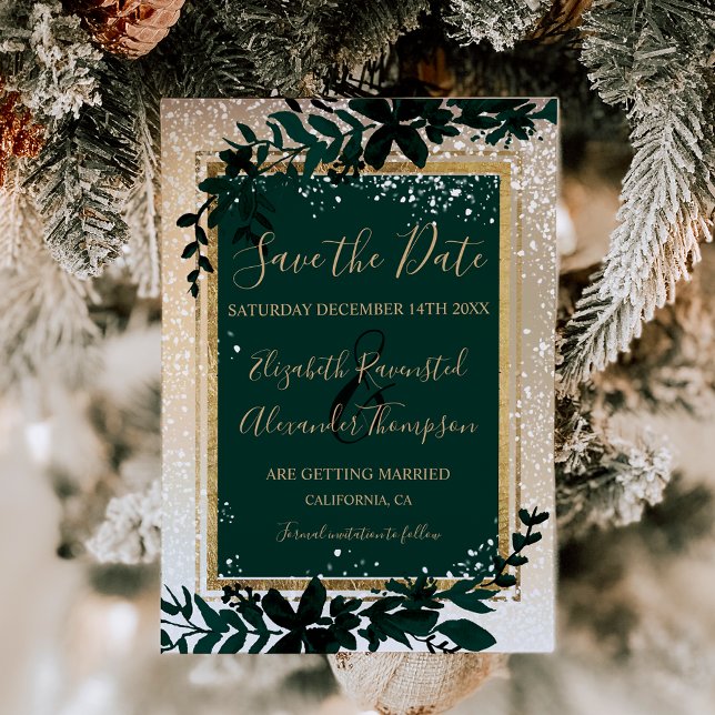 goldene Typografie-Blattschneezeit Save The Date (gold typography leaf snow elegant winter wedding save the date)