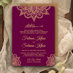 Goldene Tyrian Lila Henna Mehndi Islamische Hochze Einladung<br><div class="desc">Erleben Sie Ihre Gäste mit dieser traditionellen muslimischen Hochzeitseinladung mit einer eleganten Henna-Kunst und "Bismillah" in arabischer Kalligrafie. Fügen Sie einfach Ihre Veranstaltungsdetails zu dieser einfach zu bedienenden Vorlage hinzu,  um sie zu einer einmaligen Einladung zu machen.</div>