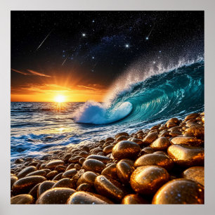 Goldene Uferlinie mit Wellen und Sonnenuntergang Poster