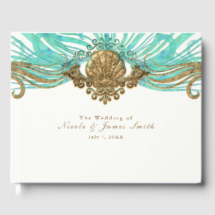 Goldene und Aquamarine Muschel Glam Beach Hochzeit Gästebuch