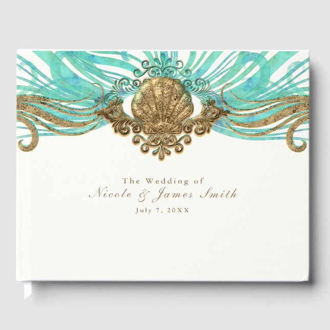 Goldene und Aquamarine Muschel Glam Beach Hochzeit Gästebuch (Vorderseite)