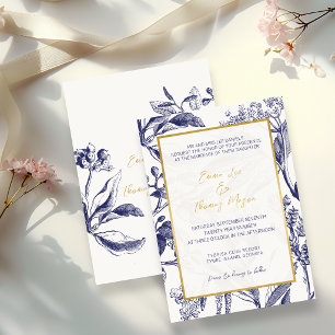 Goldene und blaue elegante botanische Hochzeit Einladung