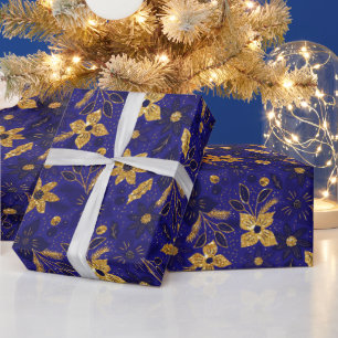 Goldene und blaue Weihnachtspoinsettien-Blumen Geschenkpapier