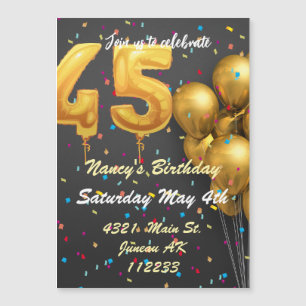 Goldene und farbenfrohe Glitzer-Ballons 45. Geburt Magneteinladung