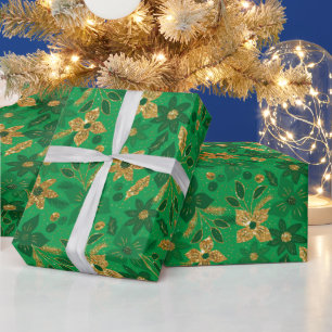 Goldene und grüne Weihnachts-Poinsettien-Blumen Geschenkpapier