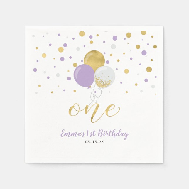 Goldene und Lila Balloons, Confetti Girl 1. Geburt Serviette (Vorderseite)