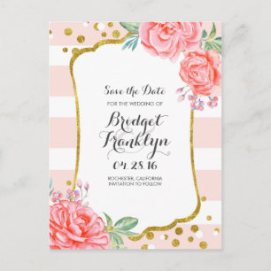 goldene und rosa florale Konfetti-Streifen Save-th Ankündigungspostkarte