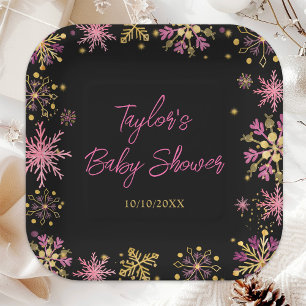Goldene und rosa Schneeflocken Baby Shower Pappteller