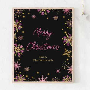 Goldene und rosa Schneeflocken Frohe Weihnachten Poster