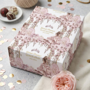 Goldene und rosafarbene Tiara Floral Quinceañera Geschenkpapier