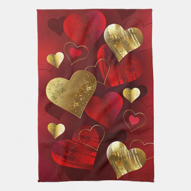 Goldene und rote Valentine Geschirrtuch (Vertikal)
