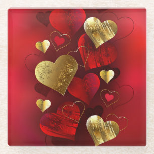 Goldene und rote Valentine Glasuntersetzer