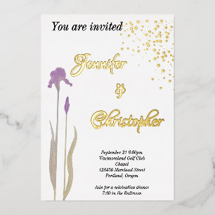 Goldene und sanfte lila Aquarell-Iris-Hochzeit Folieneinladung