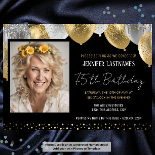 Goldene und schwarze 75. Geburtstag Foto Einladung