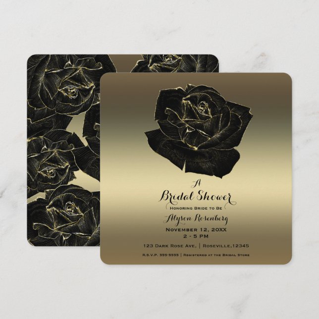 Goldene und schwarze Rose Elegantes Brautparty Einladung (Vorne/Hinten)