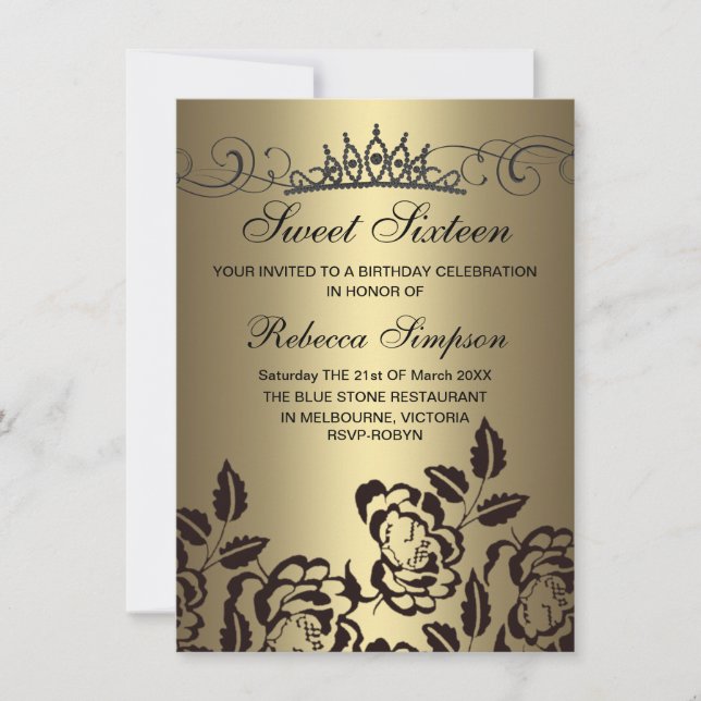 Goldene und schwarze Rose & Tiara Einladung zum Ge (Vorderseite)