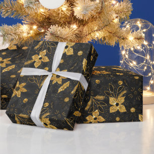 Goldene und schwarze Weihnachts-Poinsettien-Blumen Geschenkpapier