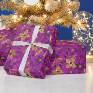 Goldene und violette Weihnachtspoinsettien-Blumen Geschenkpapier