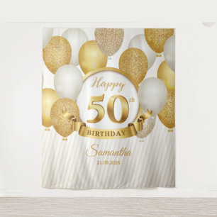 Goldene und weiße Ballons 50. Geburtstagsbackdrop Wandteppich
