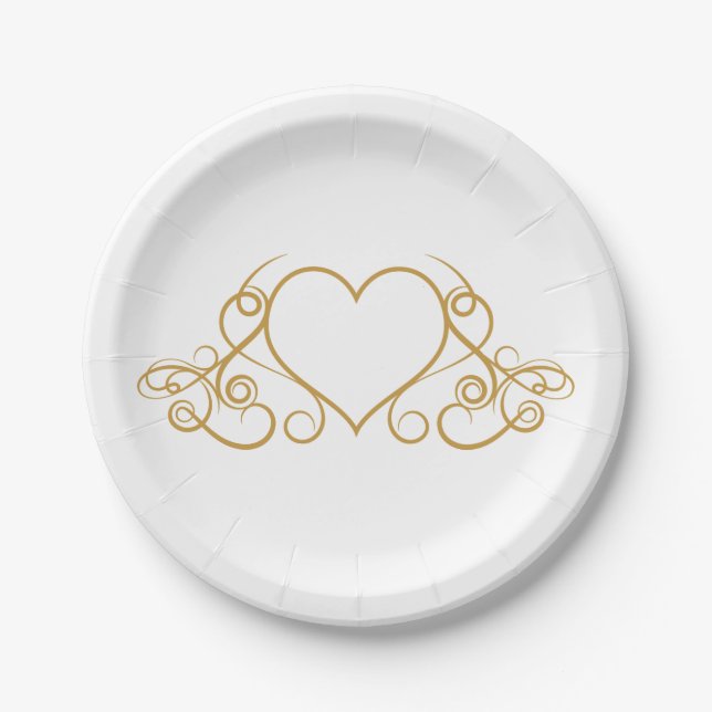 Goldene und weiße Liebe Herzhochzeit Pappteller (Vorderseite)