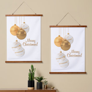 Goldene und weiße Weihnachtskugeln mit individuell Wandteppich Mit Holzrahmen