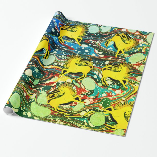 GOLDENE UNICORNS, BLAUE GRÜNE, MARBIERTE EFFEKTE,K GESCHENKPAPIER (Ungerollt)
