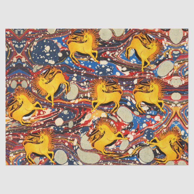 GOLDENE UNICORNS , ROTE BLAUE MARBLED EFFEKTE,KREI SEIDENPAPIER (Vorderseite)