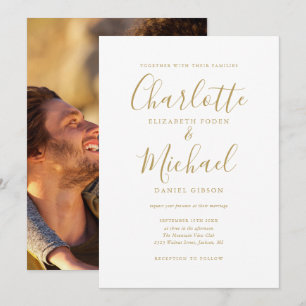 Goldene Unterschriften-Schriftzug-Foto-Hochzeitsei Einladung