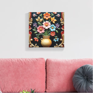 Goldene Vase mit einem lebendigen Blumenstrauß Leinwanddruck