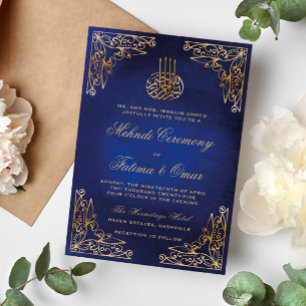 Goldene Verzierte Blaue Islamische Henna Mehndi Ze Einladung